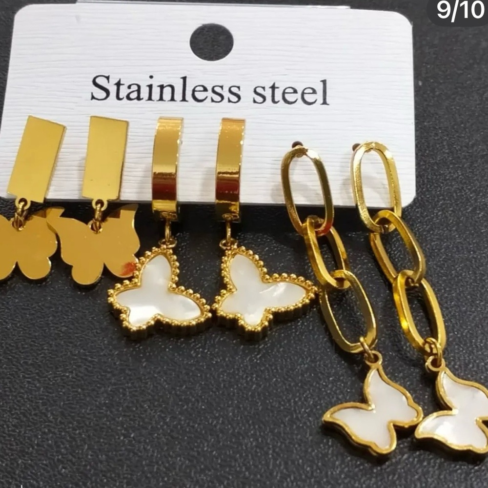 Gold and White Butterfly Earrings Set stainless steel